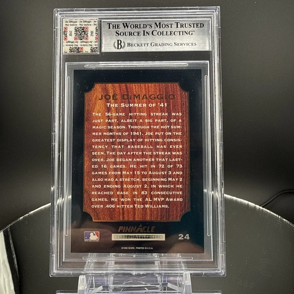 1942 Game Worn - Pinnacle 1993 Joe DiMaggio #24 Quiet Confidence BGS Handwriting